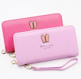 5pcs Women PU Rabbit Decoration Multifunctional Long Zipper Wallet mix color