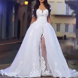 New Arabic White Elegant Off The Shoulder Wedding Dresses with Overskirt Long Sleeve Lace Bridal Wedding Ball Gowns with Detachable Train