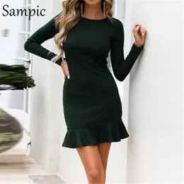 SAMPIC KVINNA Långärmad Bodycon O Neck Party Klänning Elegant Ruffles Wrap Club Höst Vinterklänning 2019