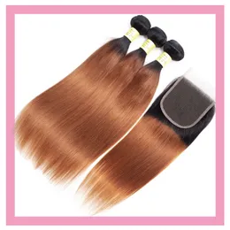 Перуанские человеческие волосы 3 пучка с кружевной застежкой 4X4 1B30 Пряди волос с эффектом омбре 4 на 4 средние прямые три части Products9564421