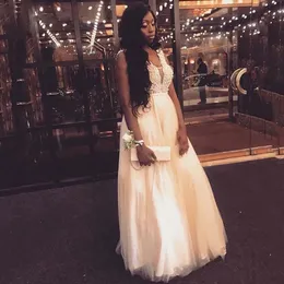 African Tulle Prom Dresses 2020 A-line Pearls Lace Party Gown sheer V-neck applique Long Black Girl Vestido De Fiesta Evening Formal Gowns