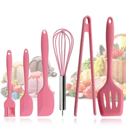 6pcs Food Grade Silicone Cooking Tool Non-stick Kitchenware Durable Cooking Utensils Kitchen Baking Tools Spatula Egg Beaters Food Clip Pink