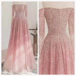 ASO EBI 2020 Arabski różowy luksusowy seksowne wieczór z koralikami długie rękawy sukienki balowe A-line formalne impreza druga przyjęcia sukienki ZJ564