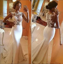 Sexy See Tough White Lace Party Prom Dresses 2019 Floor Length Sheer Neck Mermaid Arabic Discount Women Dress Evening Wear Gowns