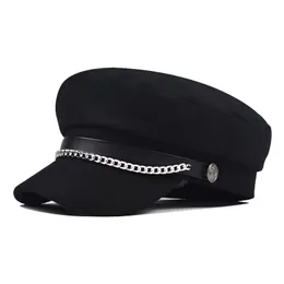 Top kapakları yün kekmir yün bere mektup şapka pu zinciri bere metal sekizgen kap Korean kadın İngiliz moda askeri şapka
