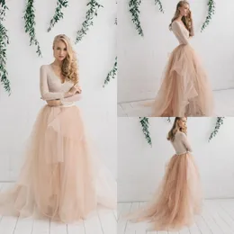 2019 strand en linje bröllopsklänningar långärmad spets topp v nacke brudklänningar boho tulle sopa tåg bröllopsklänning robe de mariée