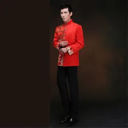 Red Dragon Chinese Dress Long Sleeve Groom Wedder Traditional Men Men Satin Cheongsam Top Costume Tang Suit Toast Clothing228J