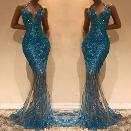 Mermaid Illusion Hunter Sequins Prom Dresses Evening Gowns Halter Sleeveless Sexy Backless Long Cheap Prom Dress 2019
