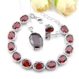 Luckyshien Oval Red Garet Gems Bransoletka Stud Wisiorki Zestawy 925 Naszyjniki Silvoole dla kobiet Moda Urok Biżuterii Zestawy Xmas Prezent