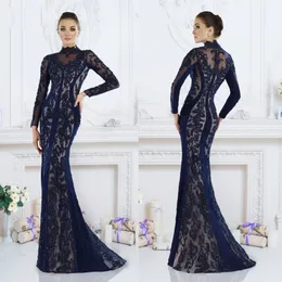 Sexig Janique Mermaid Mor of the Bride Dresses High Neck Long Sleeve Lace Applique Crystal Wedding Guest Dress Sweep Train Aftonklänningar