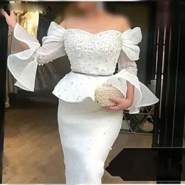 Afryki White Prom Dresses Sexy Off The Ramię Koraliki Perły Peplum Długie Rękawy Suknia Wieczorowa Plus Size Vestidos de Fiesta de Noche