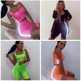 Kvinnor Reflekterande Stripe Outfits Sport Suit T-shirt Set TrackSuit Tank Crop Top Tight Short 2pcs Slim Sexig Jogging Sportswear AAA2109