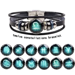 Leather Zodiac Charms Bracelet Jewelry for Men Women DIY 12 Constellations Handmade Rope Cortex Punk Beads Bracelet with Buckle Clasps Black