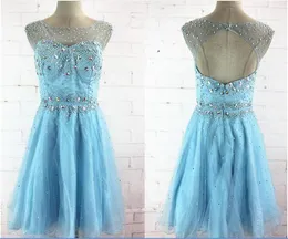 Beaded Crystal Scoop Neck Ball Gown Homecoming Dresses with Open Back Sky Blue Knee Length Party Dresses Short Prom Dress