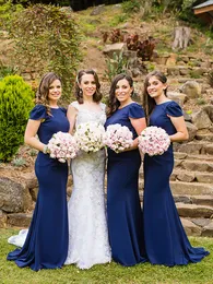 Deep Blue Cap Sleeves Bridesmaid Dresses Stretch Fabric Mermaid Maint of Honor Dress for Wedding Party