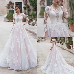 A Line Beach Wedding Dresses Long Sleeves Appliques Jewel Neck Tulle Wedding Dresses Sweep Train Boho Bridal Gowns