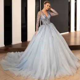 Shining Sequined Ball Gown Prom Dresses V Neck Beaded Long Sleeves Formal Dress Plus Size Sweep Train Tulle Evening Gowns