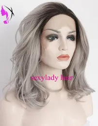 Koronki przednie syntetyczne peruki do włosów Ombre szary kolor naturalny fala boczna część 12 '' krótki bob koronki czołowa peruka dla kobiet