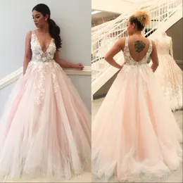 New Dusky Pink Ball Gown Wedding Dresses V-neck White Lace Appliques Tulle Puffy Plus Size Party Bridal Gowns