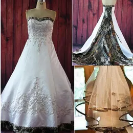 Vintage Linii Camo Suknie ślubne z haftem Zroszony koronki koronki w górę pociągu Plus Rozmiar Vintage Kraj Ogród Bridal Wed Suknie