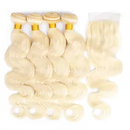 Kisshair Body Wave 4 pacchi con chiusura 4x4 colore 613 tessuto biondo capelli umani estensioni vergini brasiliane dei capelli Remy