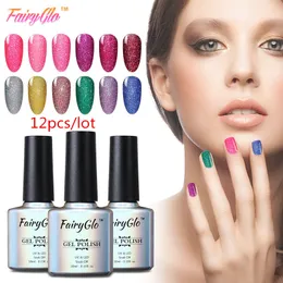 Fairyglo 12pcs 10ml紫外線ゲルネイルポーランドネオングリッタージェルポーランドブリッジGiltter Gellak Semi永久ラッキーラッカースタンプエナメル