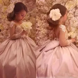 Lace Appliqued Long Illusion Sleeves Ball Gown Flower Girls' Dresses With Covered Button Big Bow Girls' Formal Wear With Sweep Train