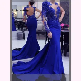 Jedno ramię Syrenka Suknie Wieczorowe Z Długim Rękawem Koronki Koronki Backless Royal Blue Formal Dress Party Prom Gown Robe de Soiree