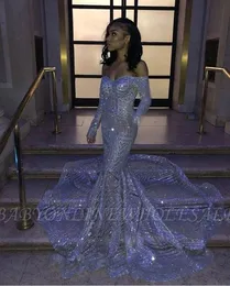 Afryki Off The Ramię Cekiny Mermaid Prom Dresses 2020 Długie Rękawy Cekiny Kobiety Korowody Suknie Długie Party Suknie Wieczorowe BC3306