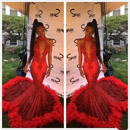 2019 Red Halter Lace Mermaid Long Prom Dresses Sequins Applique Fur Sweep Train Formal Party Evening Dresses Vestidos De Novia Hot Sale