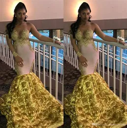 One Shoulder Lace Mermaid Prom Dresses Sheer Long Sleeves Tulle Applique Handmade 3D Floral Floor Length Formal Party Evening Dresses