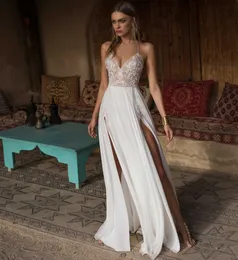 Chic Beaded Beach Backless Wedding Dresses V Neck Floor Length Side Split Bridal Gowns A Line Sequined Plus Size robe de mariée