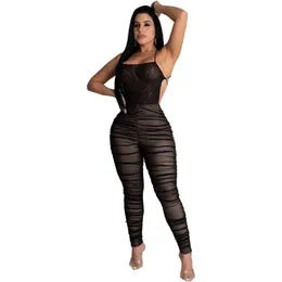 Rompers Sexiga kvinnor Ruched Sheer Mesh Jumpsuit Spaghetti Straps Pleating Black Color Back Soe Up Rompers Womens Fashion Overalls SXXL