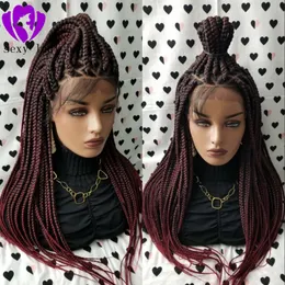 Free part ombre red color Braided Box Braids Lace Frontal Wig Heat Resistant Hair Long Natural full Braided Wigs For Black Women