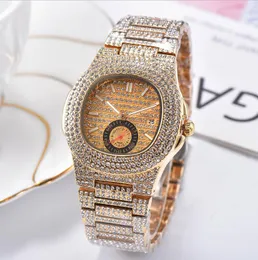 Mens Watch Quartz Movement Auto date Full Diamond Rose Gold Black Case Strap Male Clock Stainless free shipping