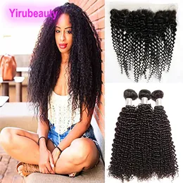 Kinky Curly 3 pacotes com cabelo humano virgem frontal de renda frontal com tramas de extensões de cabelo pré-depiladas 13X4