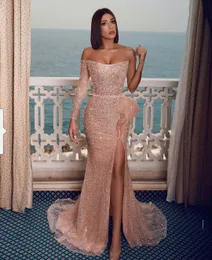 Aso ebi Arabic Sparkly Sexy Sexy Sexy Sexy Neight Form Prome Prome Beadered Высоко расщепленные