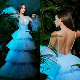 Sky Blue Prom Klänningar Bling Sequins Deep V Neck Tiered Kjolar Evening Gowns Sexig Backless Cocktail Party Robes de Mariée