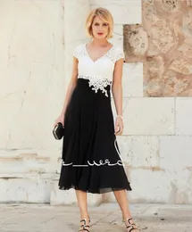 Newest Mother of the Bride Dress Deep V Neck cap sleeves Chiffon Tea Length Wedding Guest Dress Short Sleeves Top Lace Groom Party Gowns