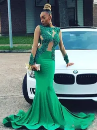 Hunter Green Mermaid Prom Dress Illusion Bodice Long Sleeve Beaded Lace Appliqued Evening Party Gowns Plus Size Dresses