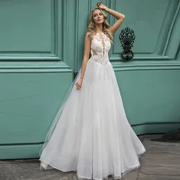 Deslumbrante Renda Praia Backless vestidos de casamento Bateau Sheer Neck A Linha frisada vestidos de noiva Trem da varredura Tulle robe de mariée