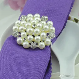 Wholesale Pearls Rhinestone Napkijanリングホテルのウェディング、花の形の真珠ゴールドリングナプキンホルダー洋風の結婚指輪