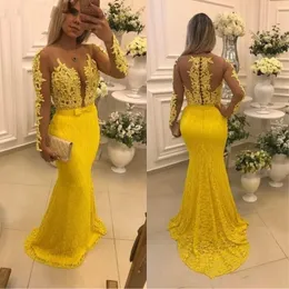 2020 Illusion Długie rękawy żółte Perły Koronki Prom Suknie Wieczorowe Mermaid Jewel See Choć Wróć Page Cormal Dress Dressmaid Dress