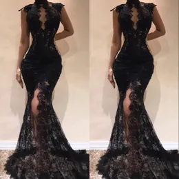 Sexy Black Sleeveless Mermaid Prom Party Dresses 2022 High Neck Split Side High Evening Gowns See Through Full Lace Celebrity Dress