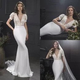 2019 Lihi Hod Mermaid Wedding Dresses with 3d Floral Appliques Short Sleeve Satin Beach Wedding Gowns Deep V Neck Sexy vestido de novia