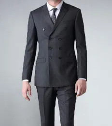 Grey Groom Tuxedos Double-Breasted Men Wedding Tuxedos Peak Lapel Slim Fit Kurtka Blazer Popularne Mężczyźni Kolacja / Darty Garnitur (Kurtka + Spodnie + Krawat) 136