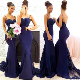 Royal Blue Spaghetti Straps Bridesmaid Dresses 2022 Mermaid Backless Sexy Lace Evening Gown Elegant Lång Maid of Honor Gowns