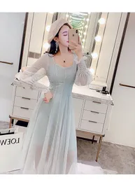 New design women's lantern long sleeve gauze paillette patchwork shinny bling high waist pleated ball gown long dress S M L