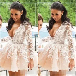 Deep Sexy V Neck Prom Dresses Long Sleeves Lace Applique Plunging Illusion Mini Tail Party Gown Homecoming Wear