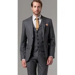 New High Quality Two Button Dark Gray Groom Tuxedos Notch Lapel Groomsmen Best Man Suits Mens Wedding Suits (Jacket+Pants+Vest+Tie) 879